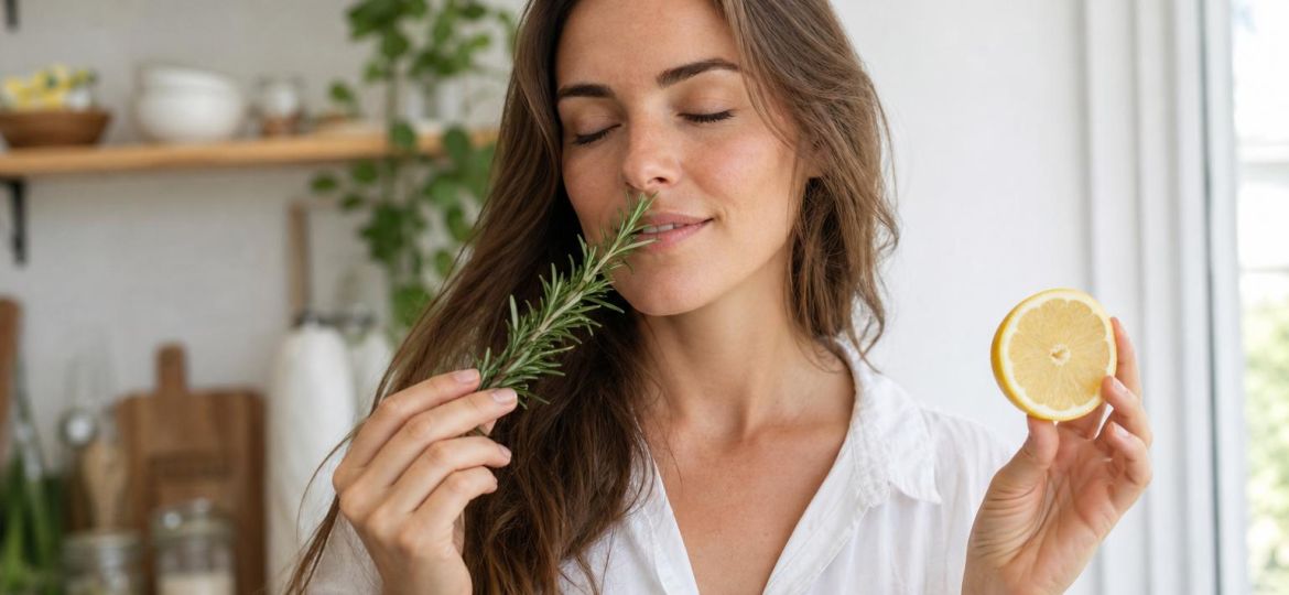 Woman with eyes closed smelling fresh rosemary and a lemon slice in a bright kitchen