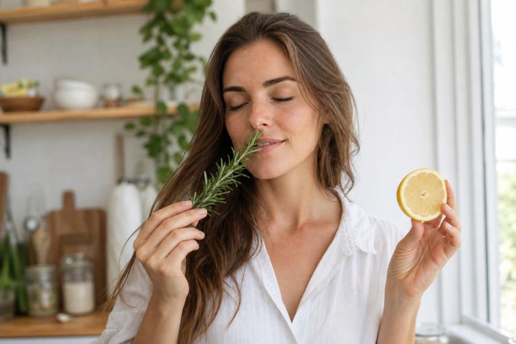 Woman with eyes closed smelling fresh rosemary and a lemon slice in a bright kitchen