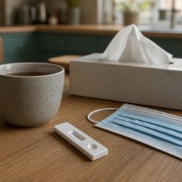 Home rapid COVID test on a kitchen table next to a face mask and a mug of tea