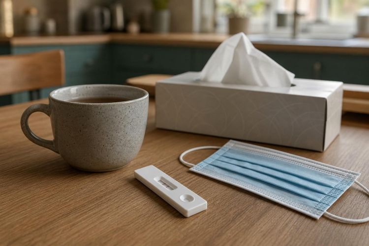 Home rapid COVID test on a kitchen table next to a face mask and a mug of tea