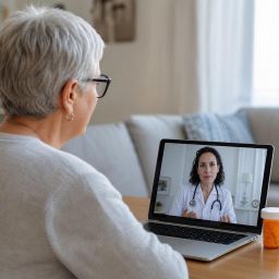 Older woman on a telehealth video call with her doctor