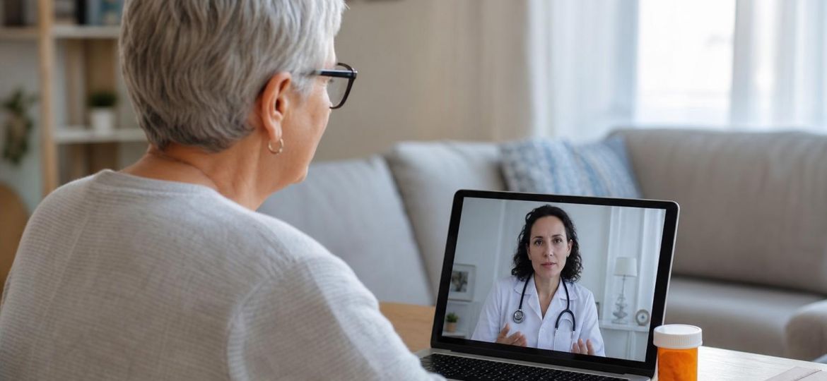 Older woman on a telehealth video call with her doctor