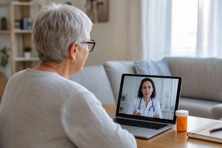 Older woman on a telehealth video call with her doctor