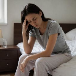 Young woman sitting on the edge of her bed holding her head, feeling dizzy