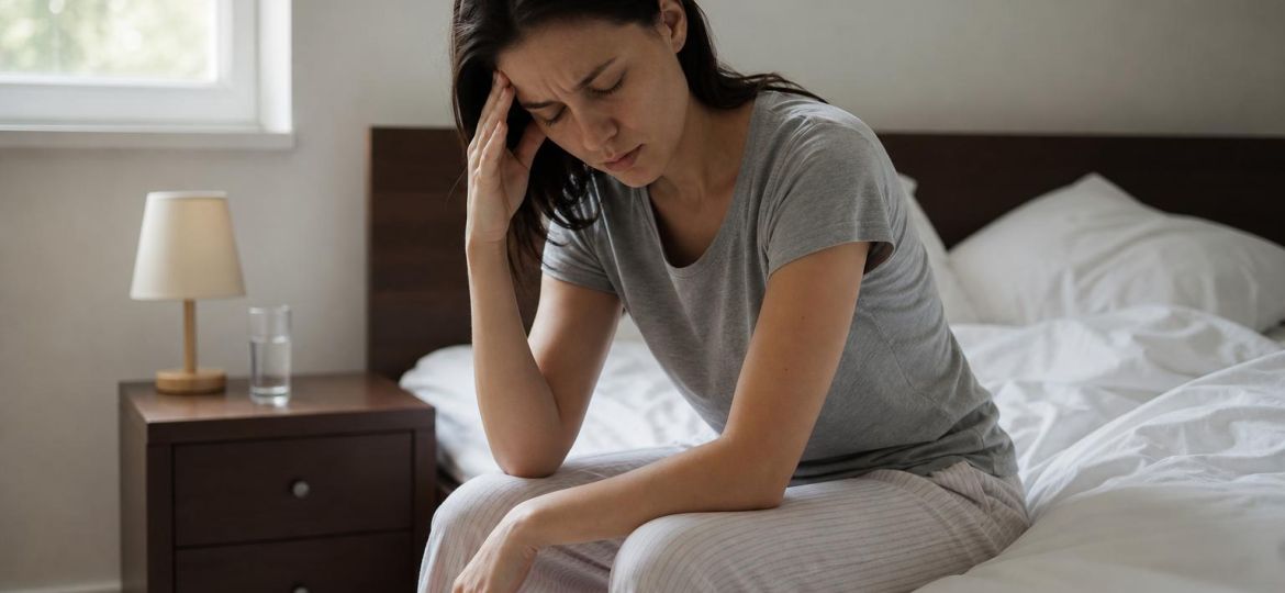 Young woman sitting on the edge of her bed holding her head, feeling dizzy