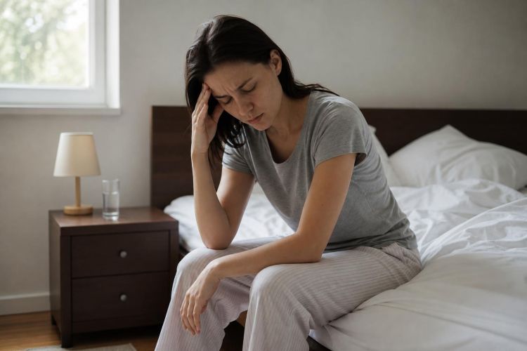 Young woman sitting on the edge of her bed holding her head, feeling dizzy