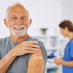Older man smiling with a bandage on his arm after a vaccination