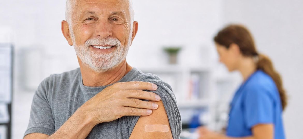 Older man smiling with a bandage on his arm after a vaccination