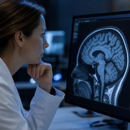 Neuroscientist examining a brain MRI scan on a large monitor