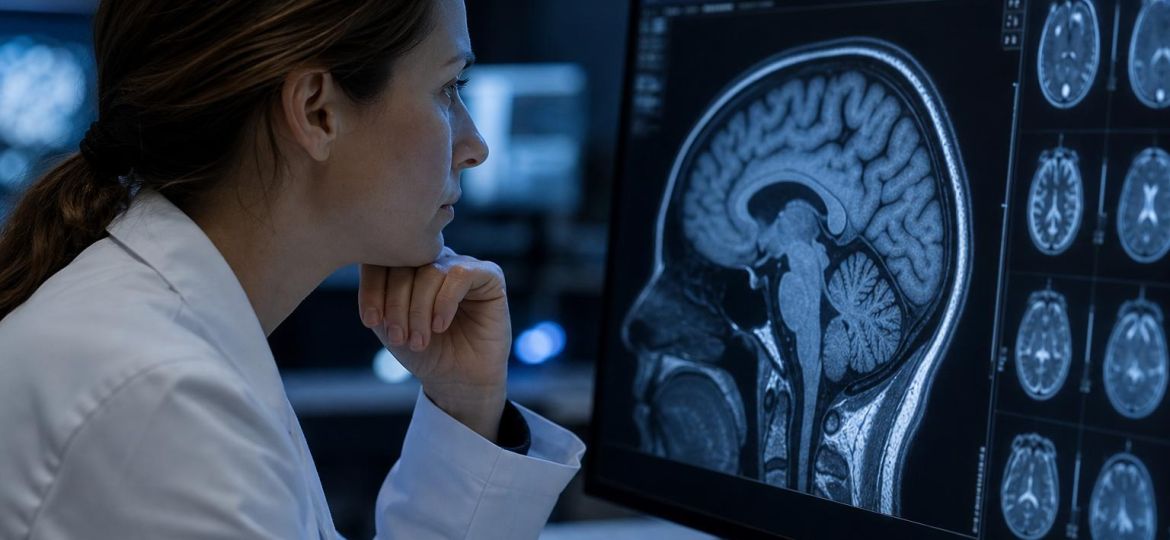 Neuroscientist examining a brain MRI scan on a large monitor