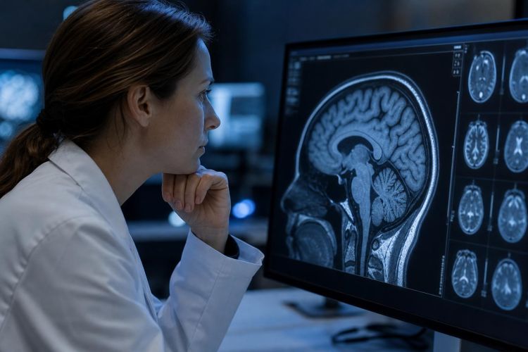 Neuroscientist examining a brain MRI scan on a large monitor