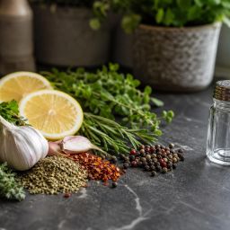 Fresh herbs, garlic, lemons and spices beside a salt shaker pushed aside