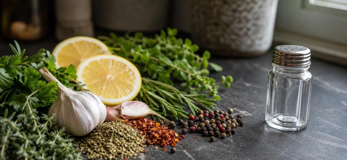 Fresh herbs, garlic, lemons and spices beside a salt shaker pushed aside
