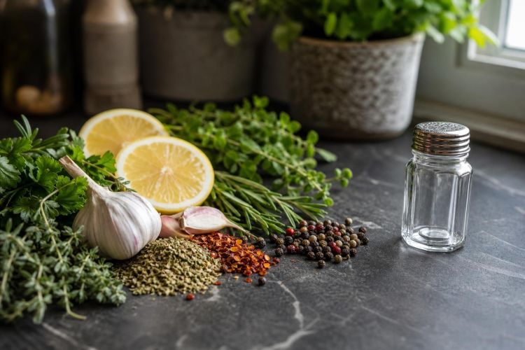 Fresh herbs, garlic, lemons and spices beside a salt shaker pushed aside