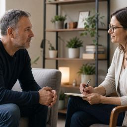 Man talking with a supportive counselor in a calm therapy office