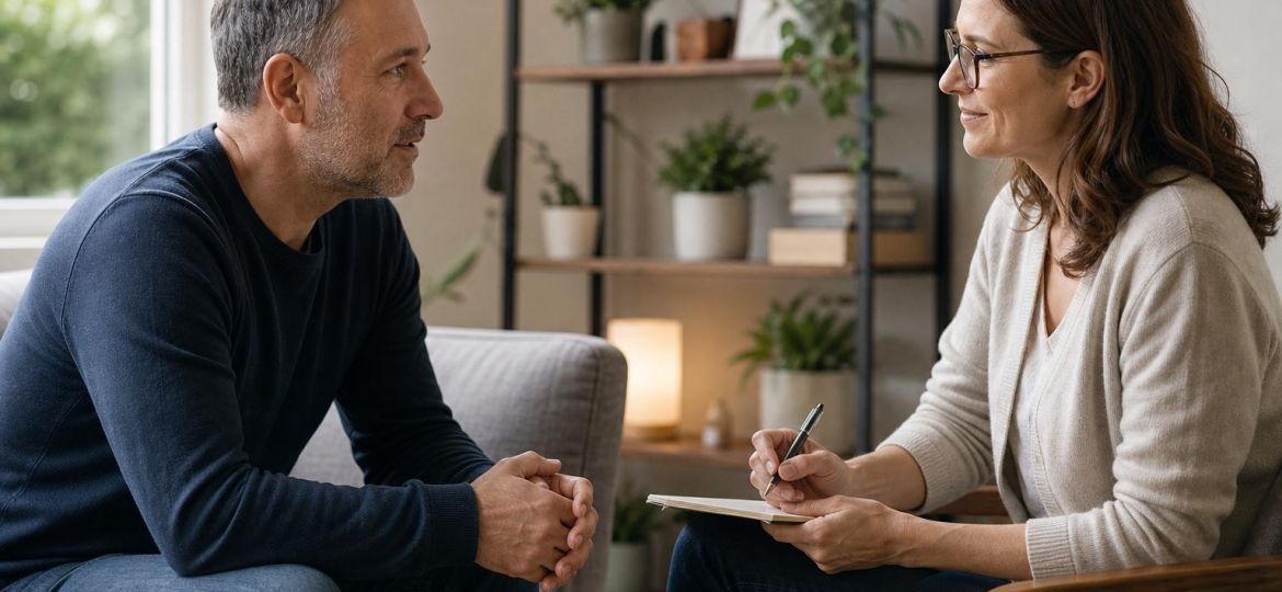Man talking with a supportive counselor in a calm therapy office