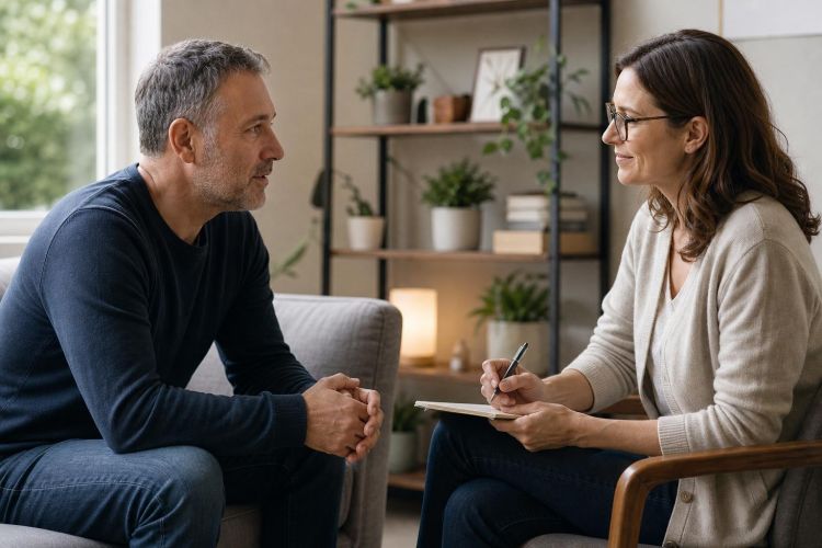 Man talking with a supportive counselor in a calm therapy office