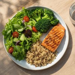 Balanced dinner plate with half vegetables, a quarter salmon and a quarter quinoa