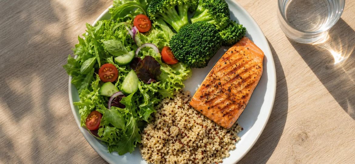 Balanced dinner plate with half vegetables, a quarter salmon and a quarter quinoa