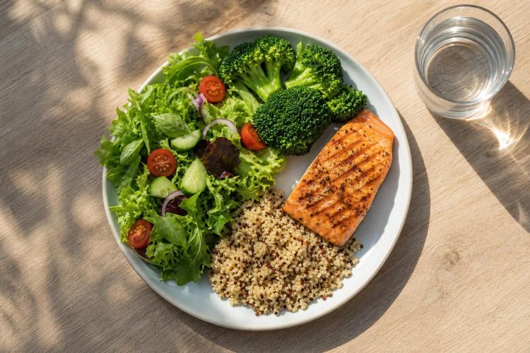 Balanced dinner plate with half vegetables, a quarter salmon and a quarter quinoa