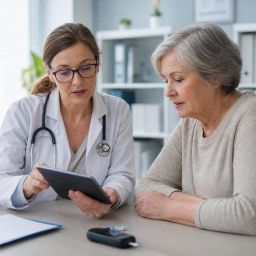 Doctor discussing test results with an older woman who has diabetes