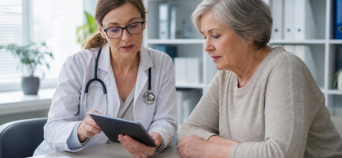 Doctor discussing test results with an older woman who has diabetes