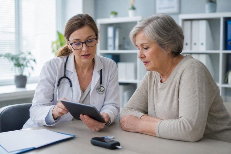 Doctor discussing test results with an older woman who has diabetes
