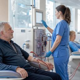 Older man receiving hemodialysis while a nurse checks the machine