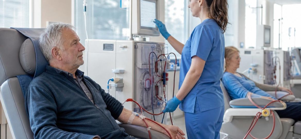 Older man receiving hemodialysis while a nurse checks the machine