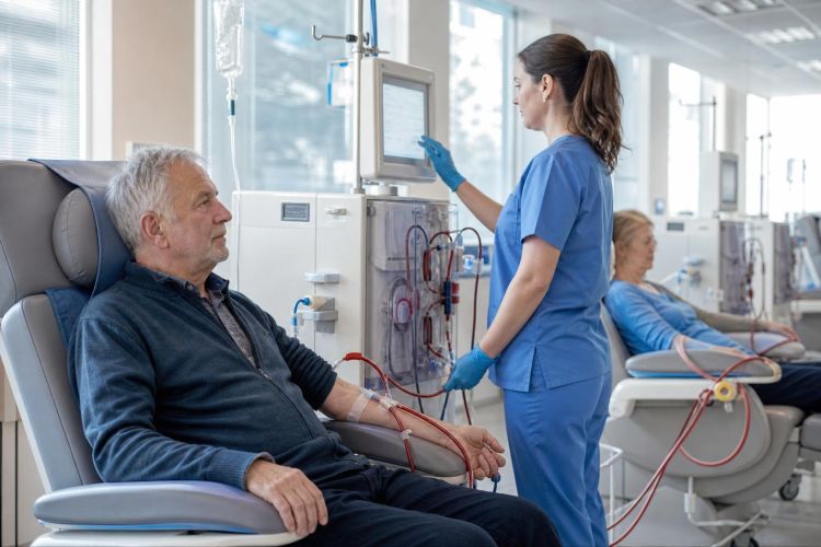 Older man receiving hemodialysis while a nurse checks the machine