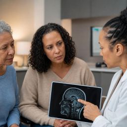 Neurologist showing a brain scan on a tablet to an older woman and her daughter