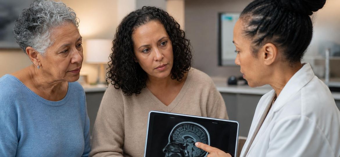 Neurologist showing a brain scan on a tablet to an older woman and her daughter