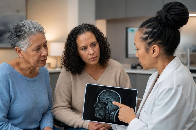 Neurologist showing a brain scan on a tablet to an older woman and her daughter