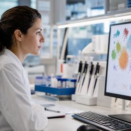 Scientist in a genomics lab reviewing single-cell data on a computer screen