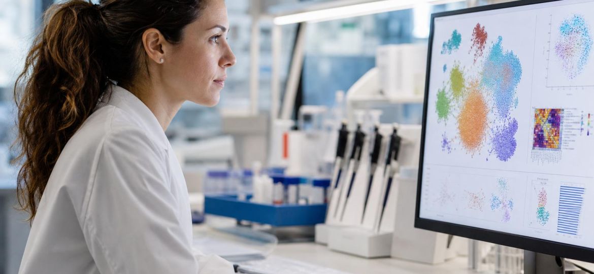 Scientist in a genomics lab reviewing single-cell data on a computer screen