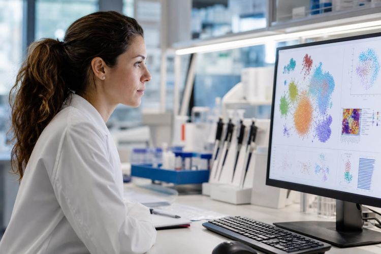 Scientist in a genomics lab reviewing single-cell data on a computer screen