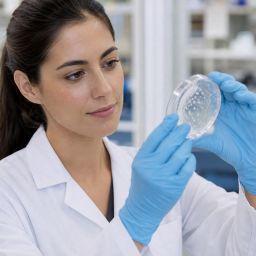 Researcher in gloves holding a petri dish with a clear hydrogel tissue sample