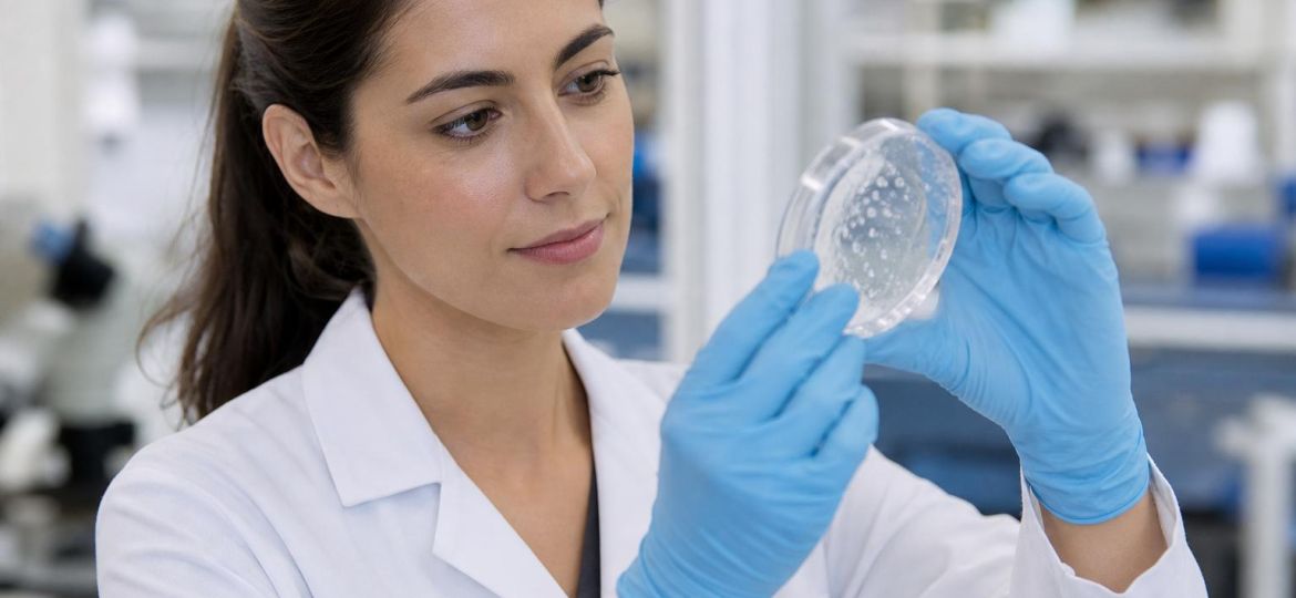 Researcher in gloves holding a petri dish with a clear hydrogel tissue sample