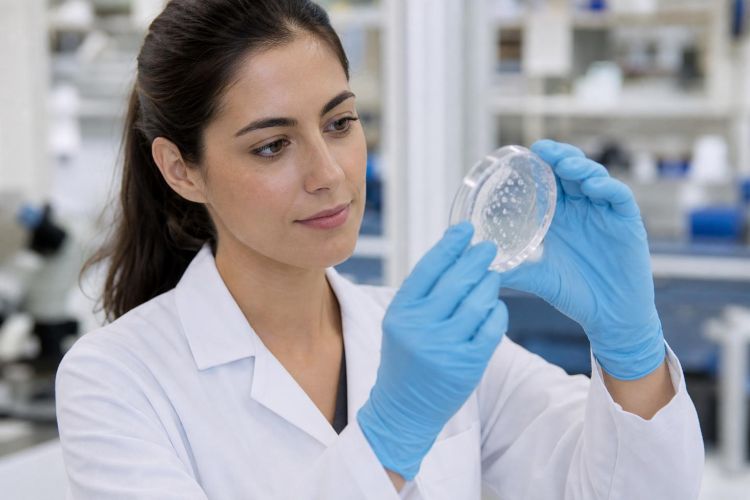 Researcher in gloves holding a petri dish with a clear hydrogel tissue sample