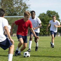 Teenagers playing soccer together on a school field