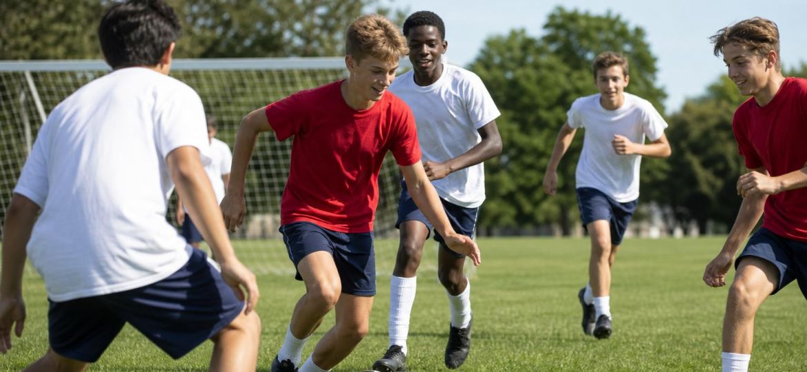 Teenagers playing soccer together on a school field