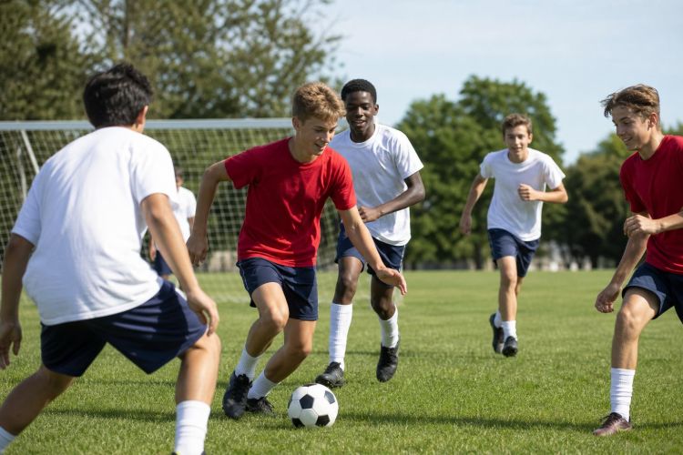 Teenagers playing soccer together on a school field