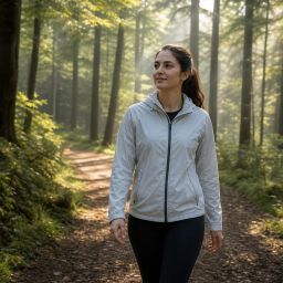 Young woman walking peacefully on a forest trail in morning light