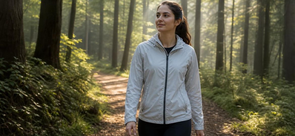 Young woman walking peacefully on a forest trail in morning light
