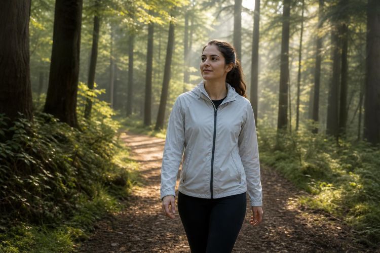 Young woman walking peacefully on a forest trail in morning light