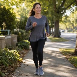 Woman walking briskly on a tree-lined sidewalk in the morning