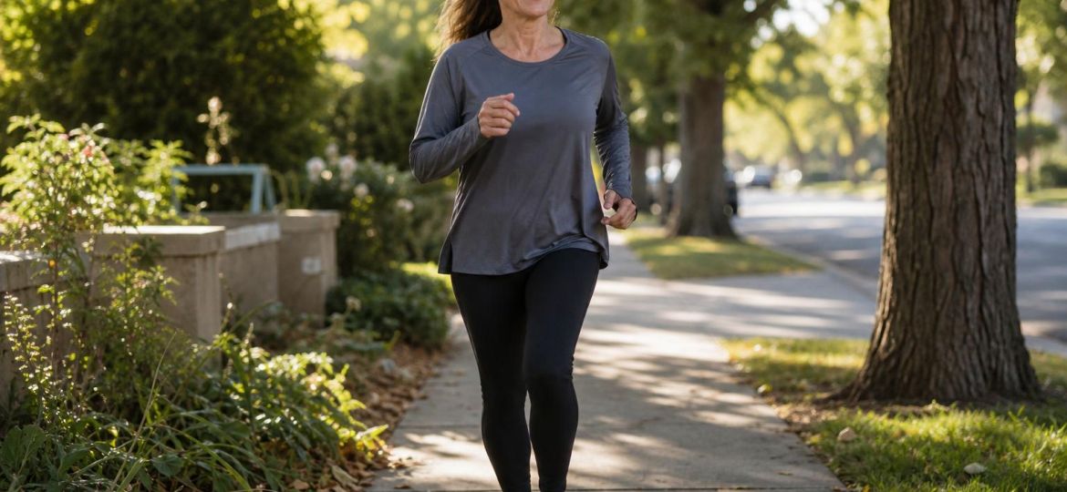 Woman walking briskly on a tree-lined sidewalk in the morning
