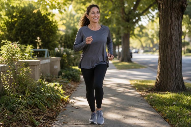 Woman walking briskly on a tree-lined sidewalk in the morning