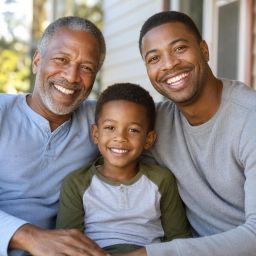 Grandfather, father and son sitting together on a porch