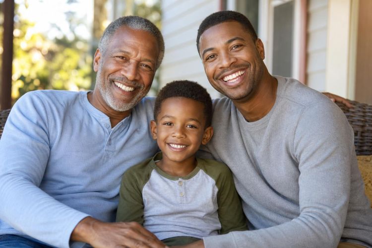 Grandfather, father and son sitting together on a porch